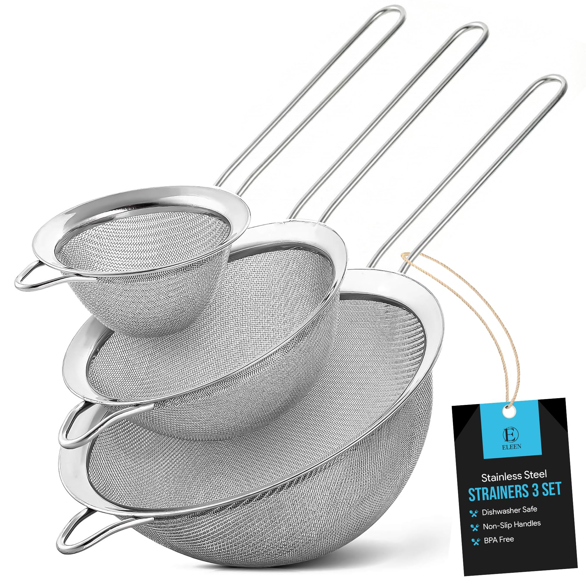 ELEEN Premium Stainless Steel Fine Mesh Strainers for Kitchen 3-Piece Set with Non-Slip Handle, S... | Amazon (US)