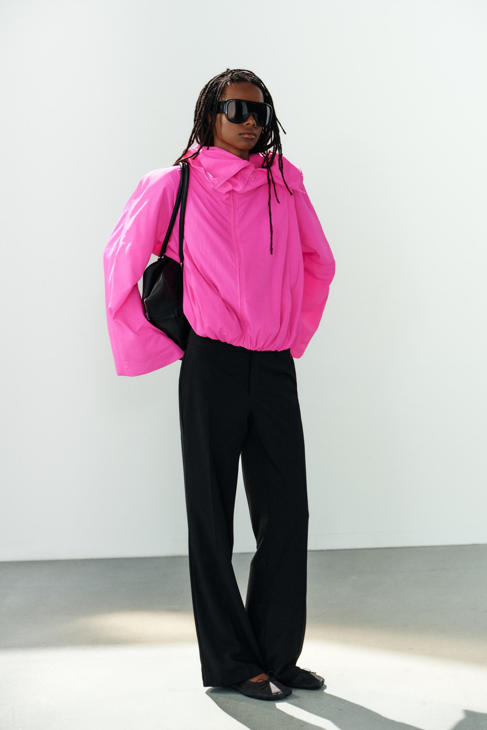 Zara - High-Neck Nylon Jacket - Neon Pink - M - Woman | Zara US