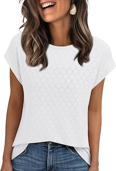 AUTOMET Womens Summer Tops 2025 Eyelet Embroidery Vacation Cap Sleeve Shirt Casual Loose Fit Fash... | Amazon (US)