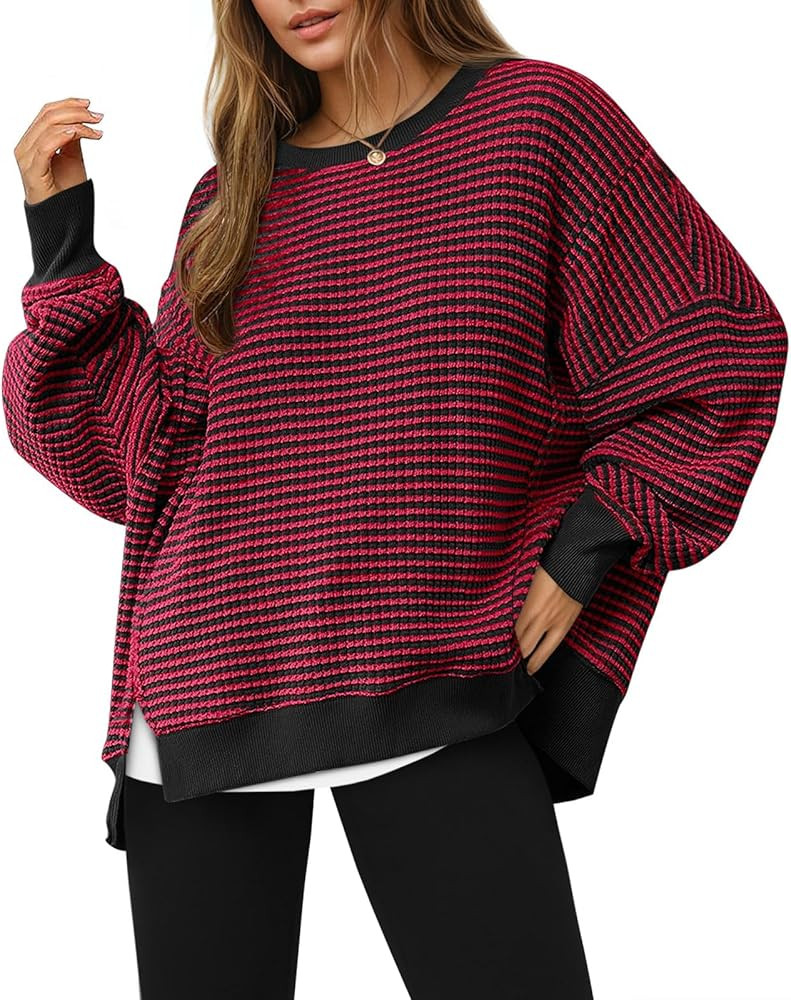 Fisoew Women's Fall Oversized Sweatshirt Casual Waffle Knit Long Sleeve Crewneck Split Pullover T... | Amazon (US)
