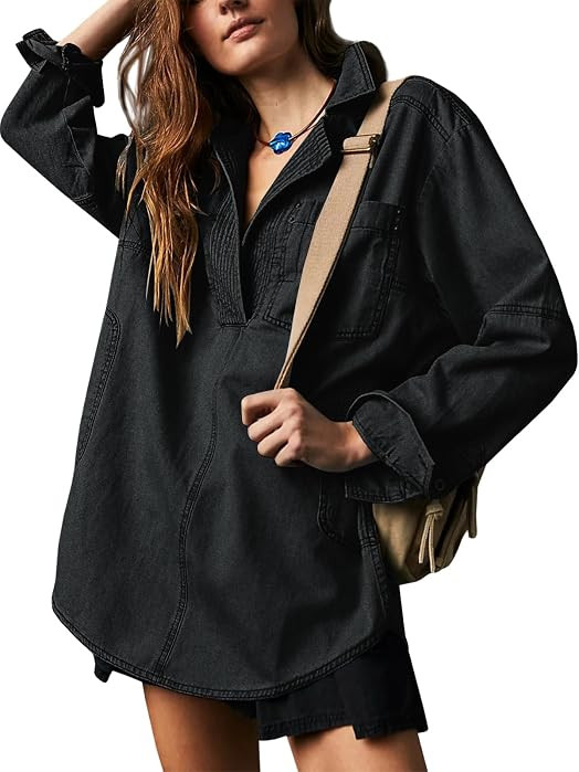 Fazortev Womens Denim Tops Casual V Neck Loose Fit Long Sleeve Jean Jackets | Amazon (US)