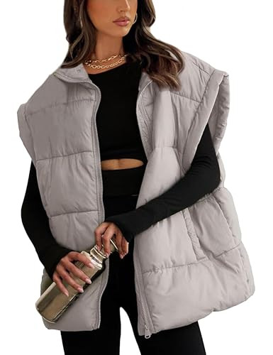 AMEBELLE Women's Oversized Puffer Vest Winter Quilted Lightweight Stand Collar Warm Padded Gilet Sleeveless Puffy Outerwear(2899-Grey-M) | Amazon (US)