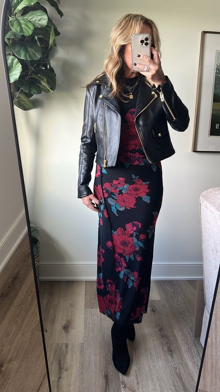 Fall winter wedding guest dress, fall dress, family photos, fashion over 50, dark floral dress, black leather jacket, holiday outfit idea, holiday dress, vacation dress, Christmas outfit, holiday outfits 

#LTKwedding #LTKHoliday #LTKover40