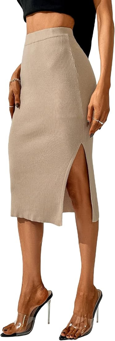 Verdusa Women's High Waist Slit Hem Rib Knit Midi Bodycon Skirt | Amazon (US)