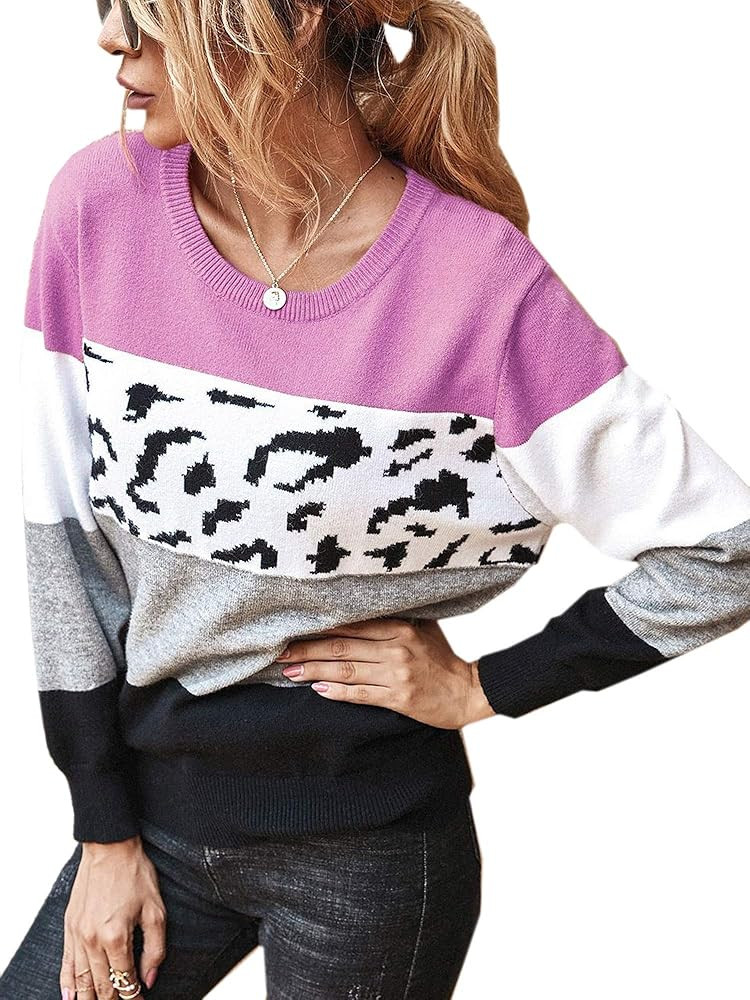Angashion Women's Leopard Sweaters Casual Long Sleeve Crewneck Color Block Patchwork Pullover Kni... | Amazon (US)