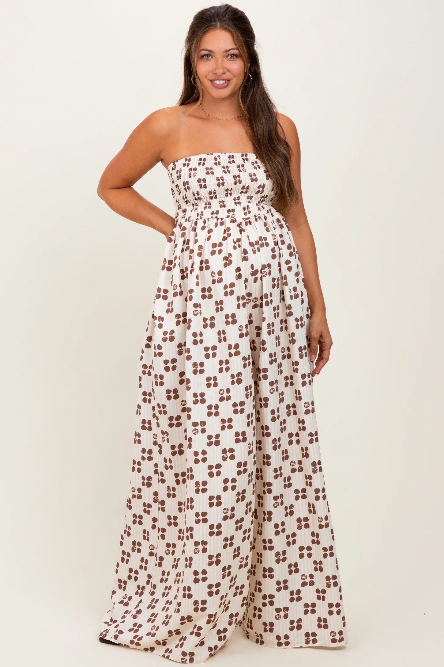 Brown Printed Smocked Wide Leg Maternity Jumpsuit | PinkBlush Maternity