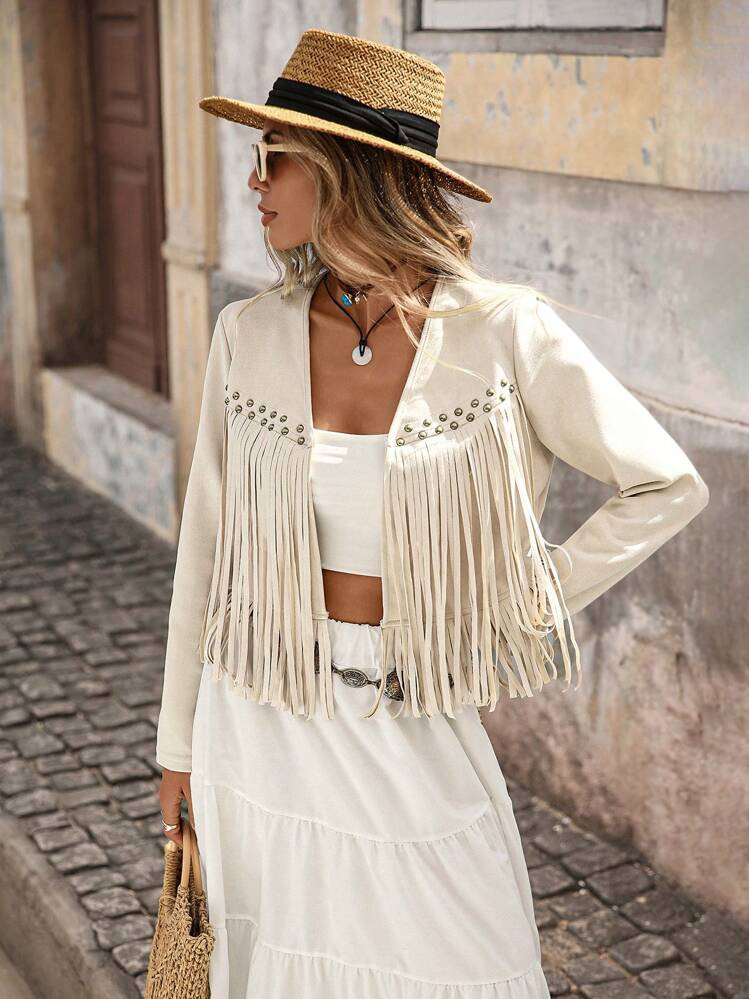 Brillora Women's Solid Color Fringe Trim Open Front Jacket In Fall/Winter | SHEIN