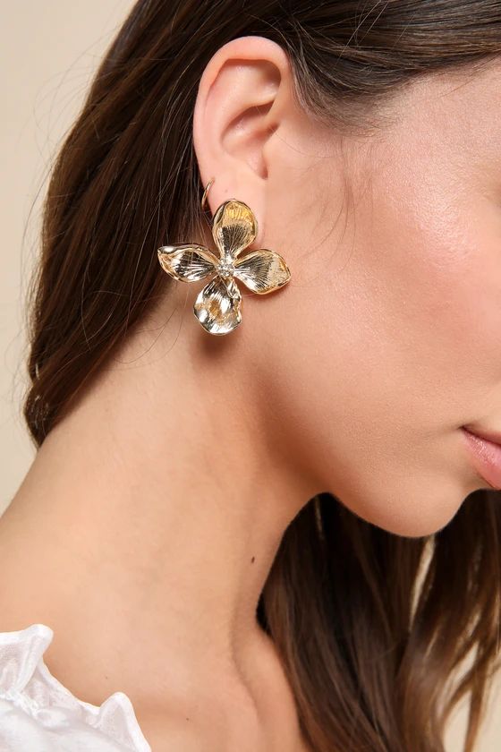 Gorgeous Intention Gold Rhinestone Flower Statement Earrings | Lulus
