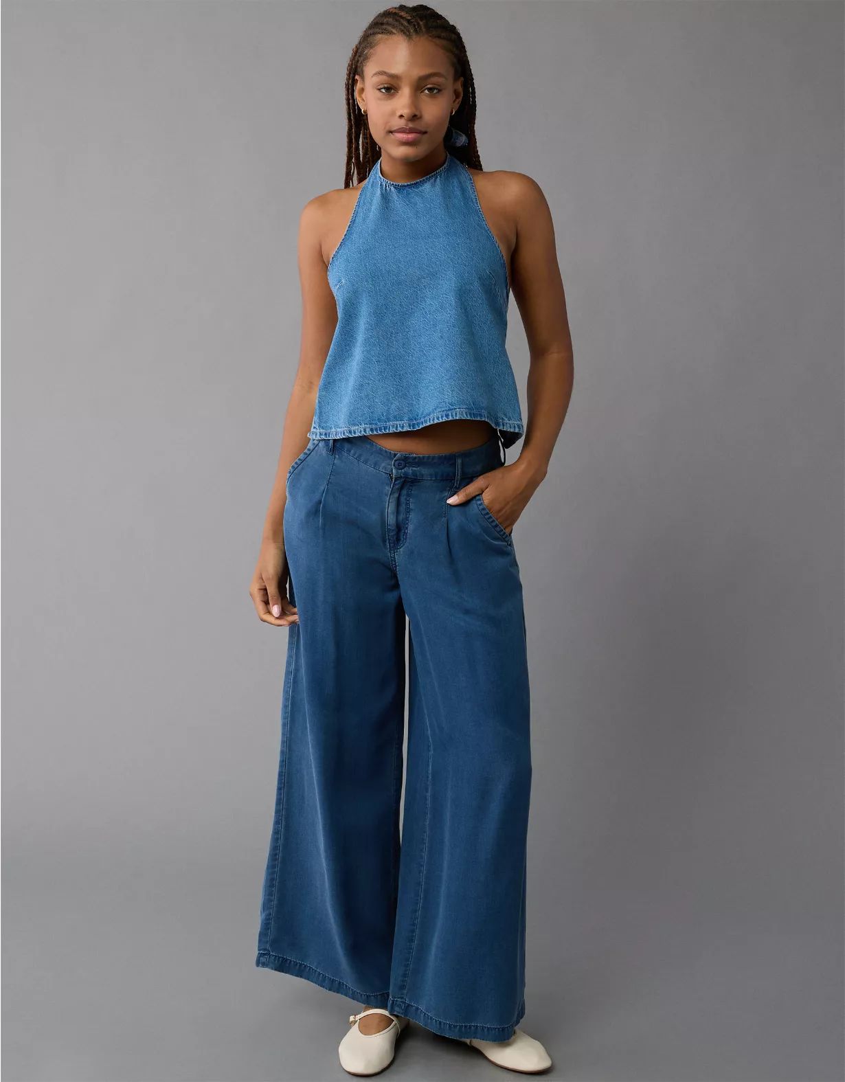 AE High Neck Denim Halter Top | American Eagle Outfitters (US & CA)