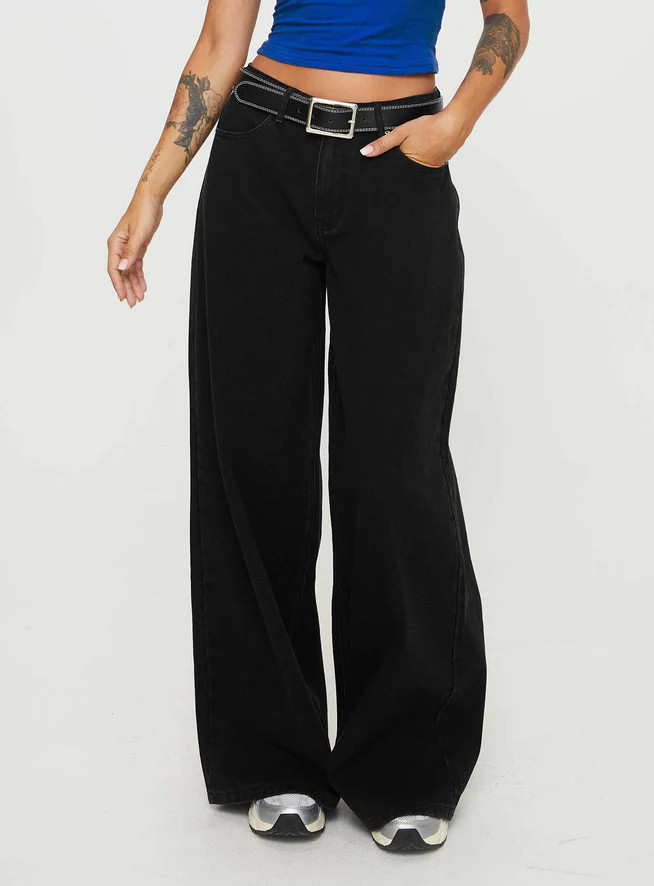 Naylor Wide Leg Jeans Washed Black Denim | Princess Polly US