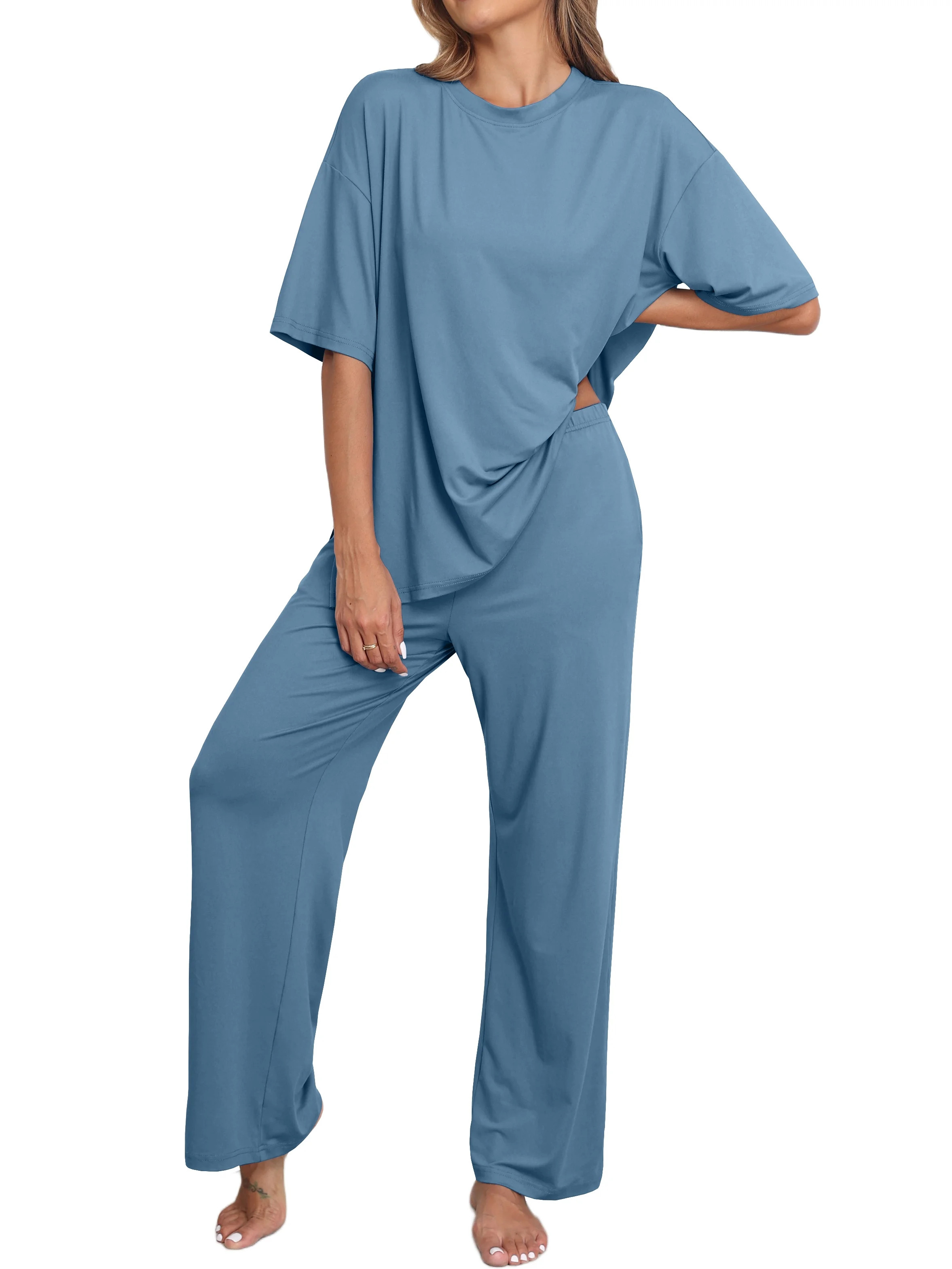 MINTREUS Lounge Sets for Women Knit Short Sleeve Tops and Long Pants Soft Comfy Pajamas Set Overs... | Walmart (US)