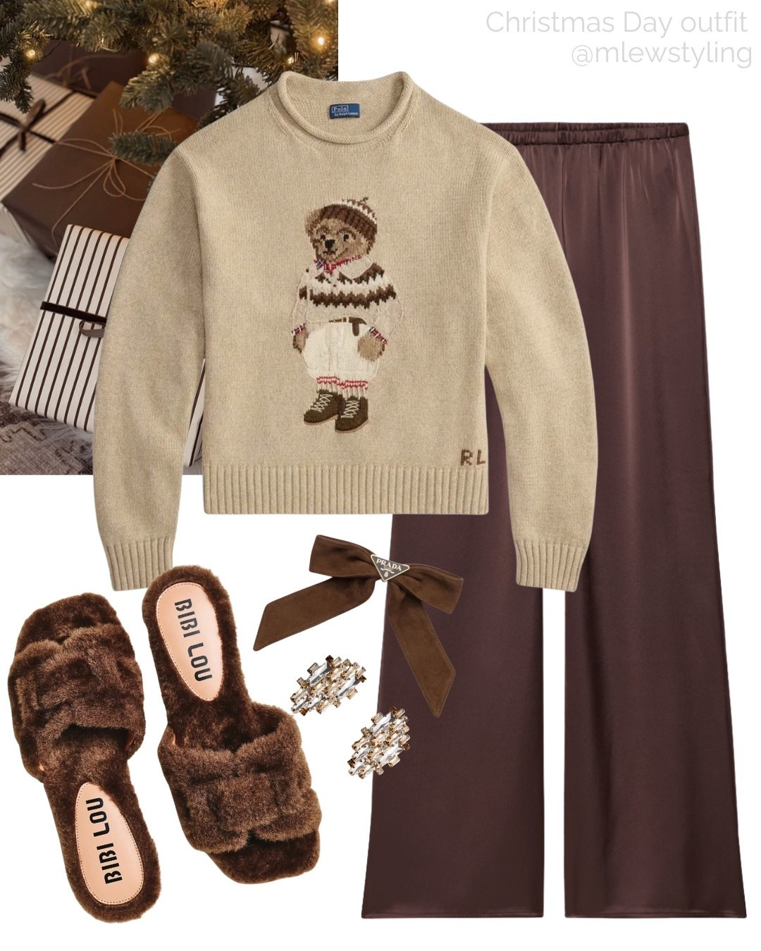 Comfy and chic outfit for Christmas at home 🤎🐻

Tags: holiday outfit, polo bear sweater, espresso brown satin pants, cozy slippers, faux fur slides,
Prada hair bow, thanksgiving day#LTKParties 

#LTKHoliday #LTKGiftGuide