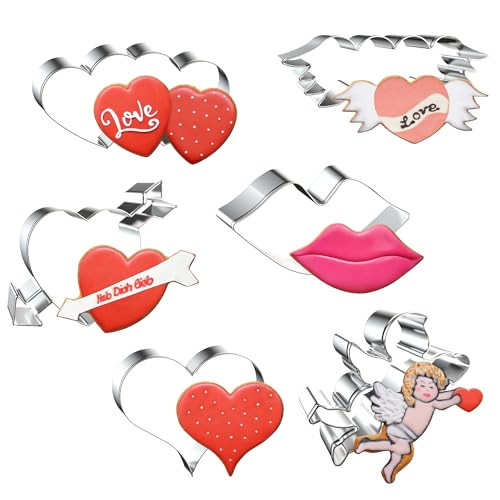 FUSOTO 6PCS Valentine's Day Cookie Cutters Set, Heart Shape Cookie Cutter for Baking-Heart, Double Heart, Arrow Through Heart, Heart with Wing, Lip, Cupid Cookie Cutters for Homemaking Cookie | Amazon (US)