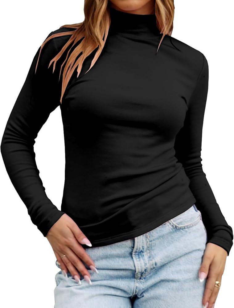 Dwnval Women's Fashion Mock Turtleneck Long Sleeve T Shirt Casual Stretchy Slim Fitted Knit Going... | Amazon (US)
