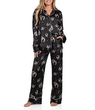 Long Sleeve Notch Collar Satin Horseshoe Print Pajama Set | Dillard's
