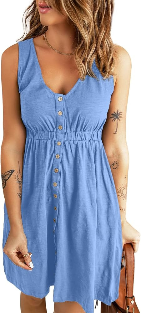 BLENCOT Women's Casual Sleeveless T-Shirt Dresses Summer V Neck Button Down Swing Short Dress | Amazon (CA)