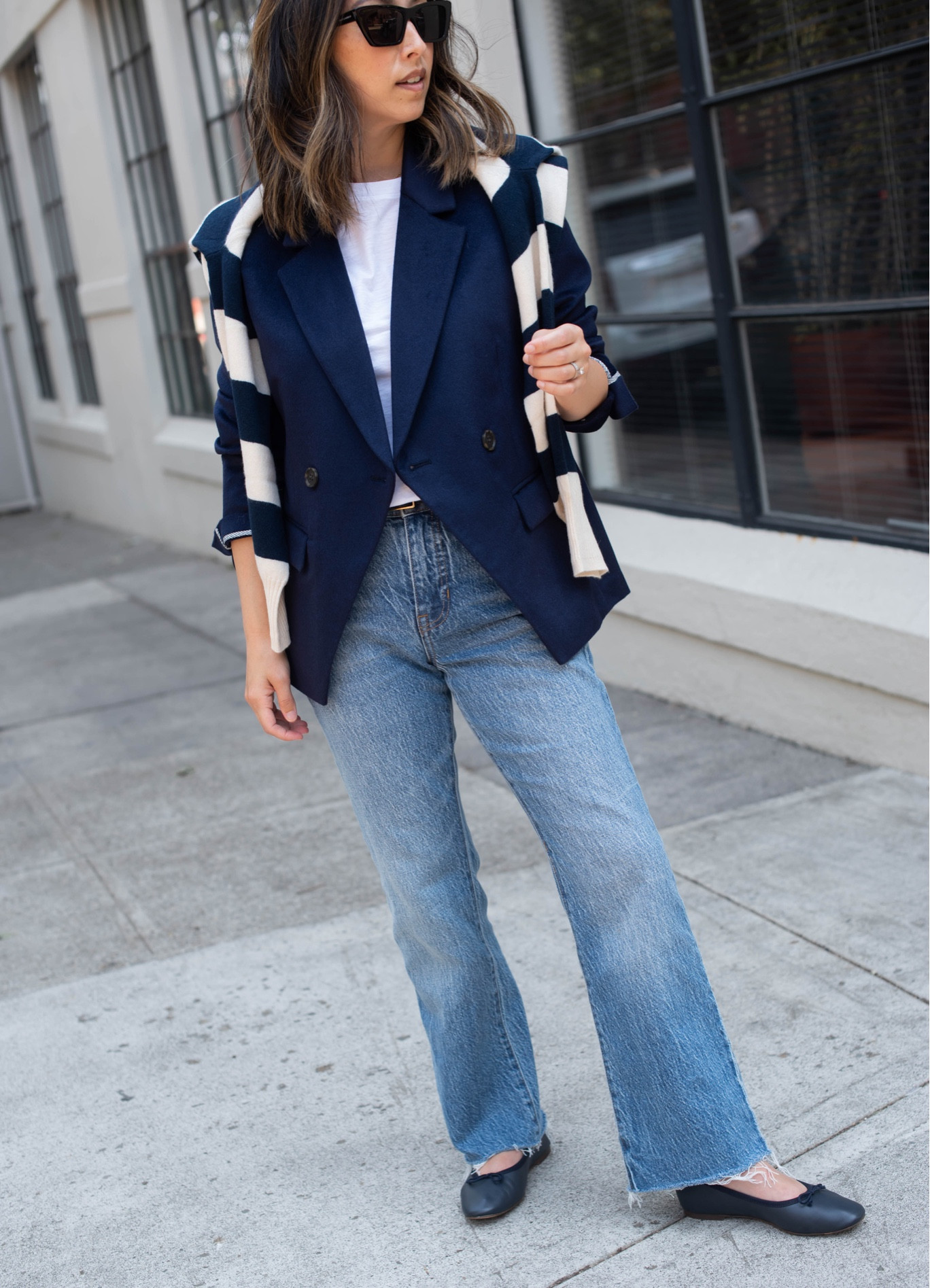 New j.crew bootcut jeans. This wash is perfection!!!

Blazer - J.Crew petite 4. Sized up 2 sizes. 
Jeans - J.Crew petite 24
Sweater -  j.crew medium. Cropped. 
Flats - J.Crew 5