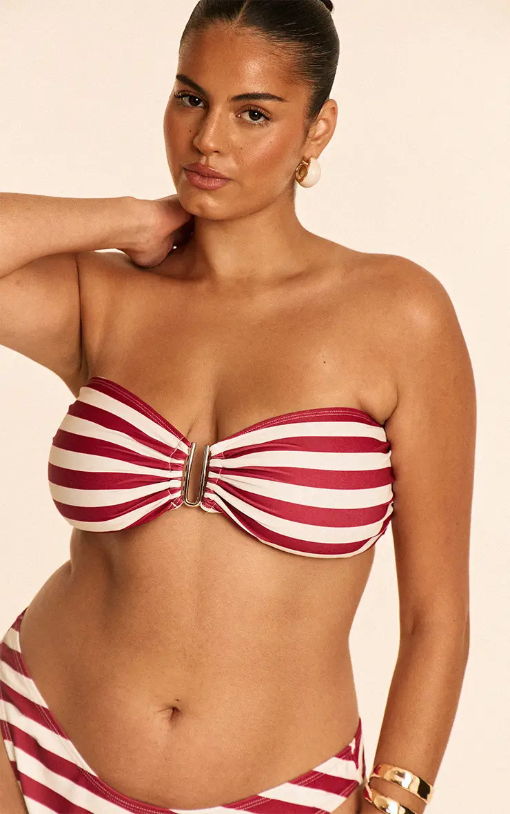 Burgundy Plus Burgunday Stripe U Bar Bandeau Bikini Top | PrettyLittleThing USA | PrettyLittleThing US
