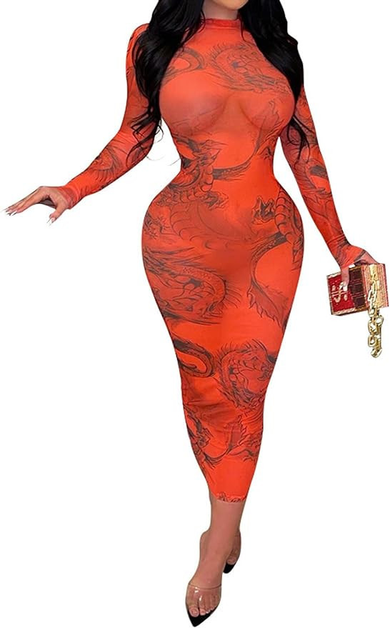 Uni Clau Women Sexy Long Sleeve Printed Sheer Mesh Bodycon Midi Dress See Through Slim Fit Tight ... | Amazon (US)