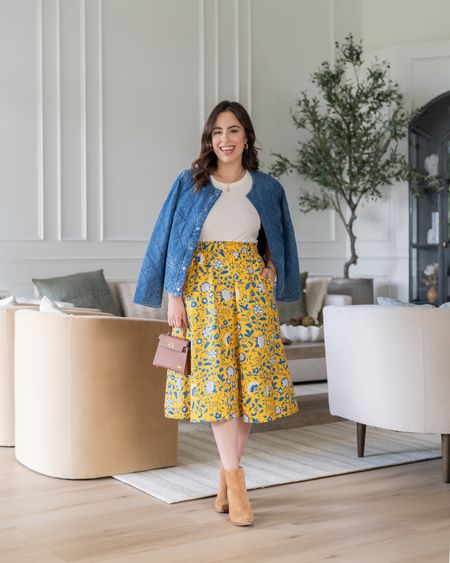 In love with my new outfit from @talbotsofficial! This yellow midi skirt is so versatile and perfect for summer AND fall. Can also be dressed up with heels or down with sandals or flats! The ribbed top and chambray jacket are also linked, wearing size XS Petite on everything #talbots #mytalbots #modernclassicstyle #ad

#LTKstyletip #LTKSeasonal #LTKunder100
