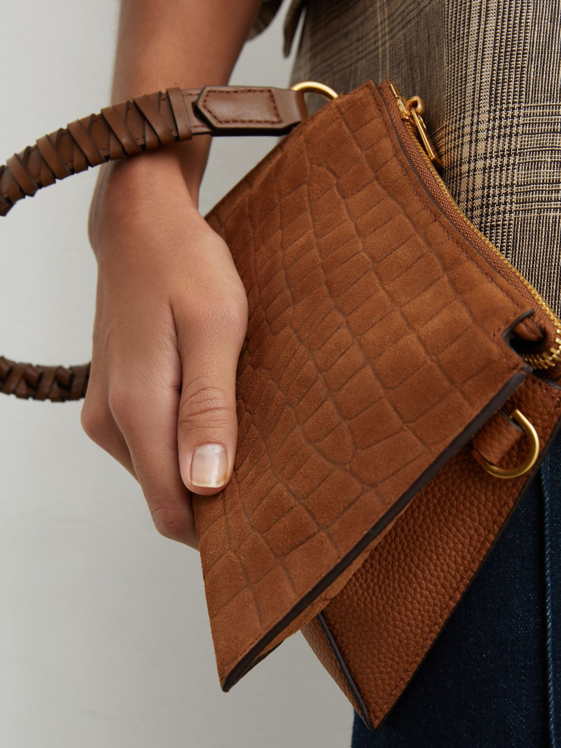 Reiss Embossed Suede and Leather Top-Handle Bag in Tan | REISS | Reiss US