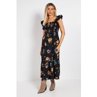 Black Floral Shirred Bodice Frill Sleeve Tiered Hem Printed Poplin Maxi Dress | PrettyLittleThing UK