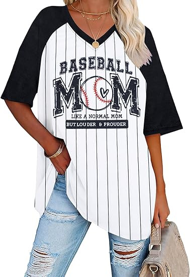 Baseball Mom Shirts for Women - Oversized V Neck Baseball Jersey Shirt Stripe Graphic Print Casua... | Amazon (US)