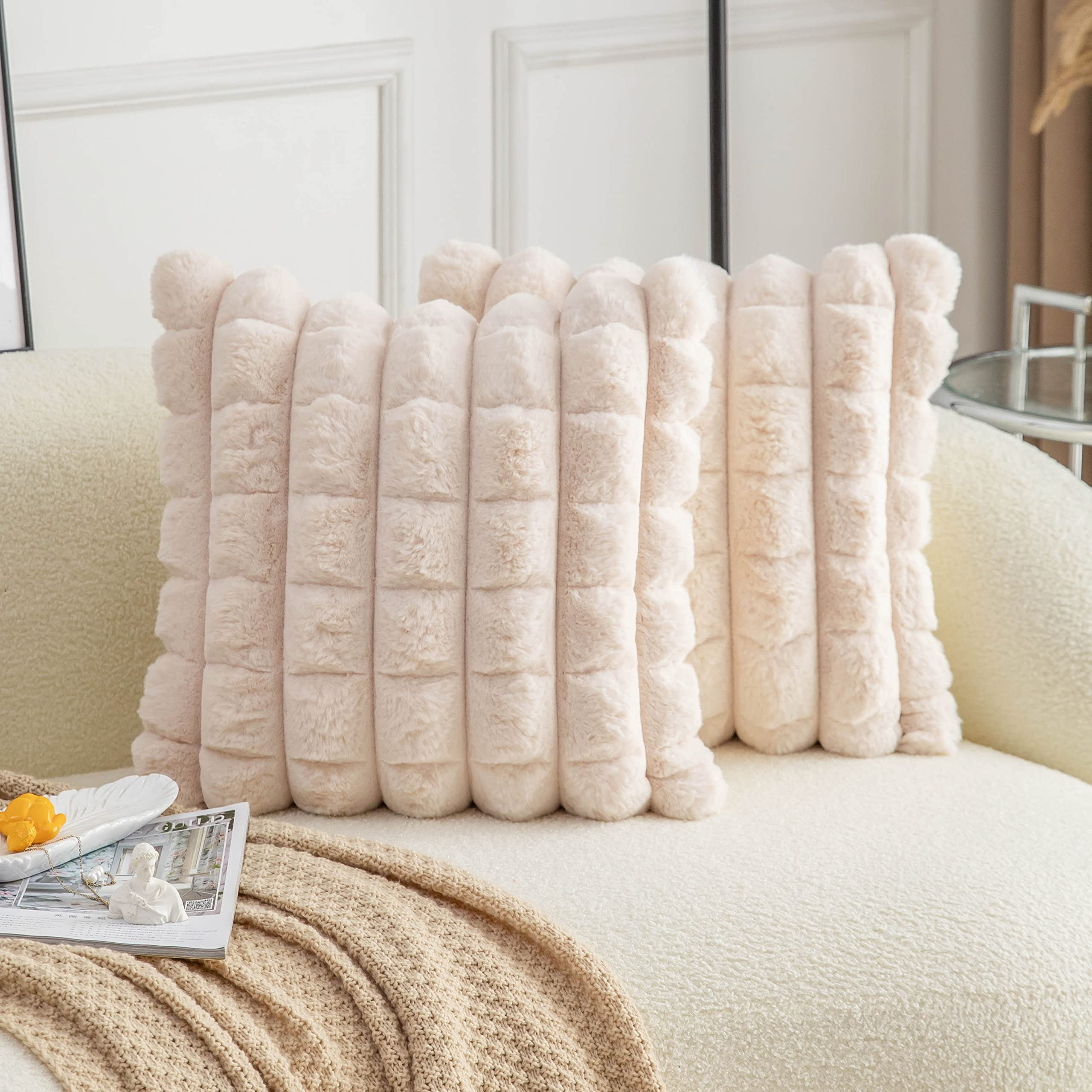 Neelvin Beige Faux Fur Cozy Soft Plaid Decorative Throw Pillow Covers 20x20 inch Set of 2,Velvet Pillowcase Cushion Case for Sofa Couch | Amazon (US)