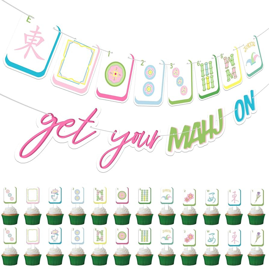 Mahjong-Themed Party Decoration Set, Mahjong Party Banner and 24 Pcs Cupcake Toppers for Birthday... | Amazon (US)