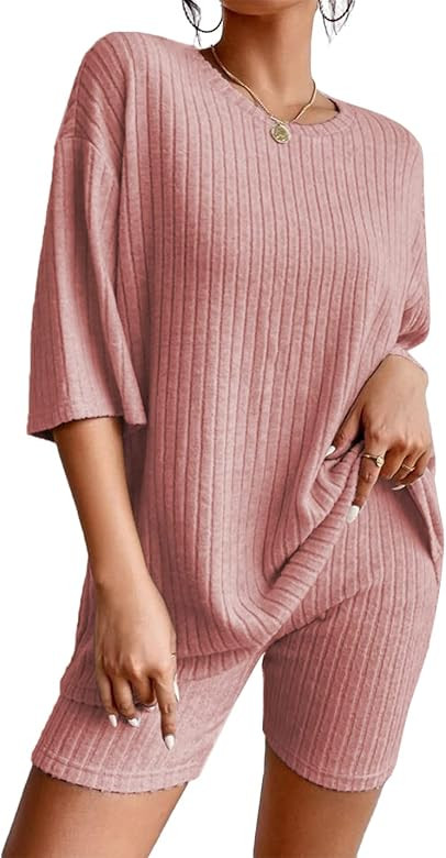 SKIKYAN Women Two Pieces Pajamas Set Knit Loose Summer Lounge Outfits Loungewear Sleepwear PJ Set... | Amazon (US)