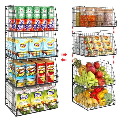 Jakyitvi 4 Pack XXL Stackable Wire Storage Basket, Extra Large Capacity Pantry Organizer and Storage, Muti-Purpose for Vegetable Fruit Basket & Can Organizer & Snack Rack & Metal Pantry Bin | Amazon (US)