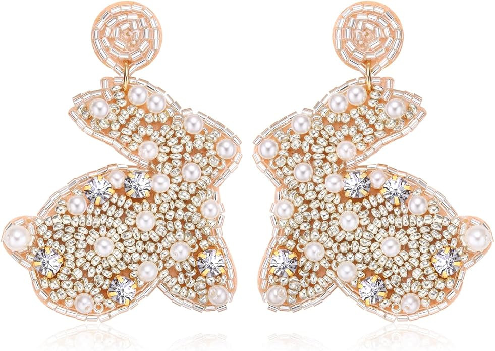NVENF Beaded Easter Earrings for Women Easter Rabbit Bunny Dangle Earrings Sparkling Pearl Bead D... | Amazon (US)
