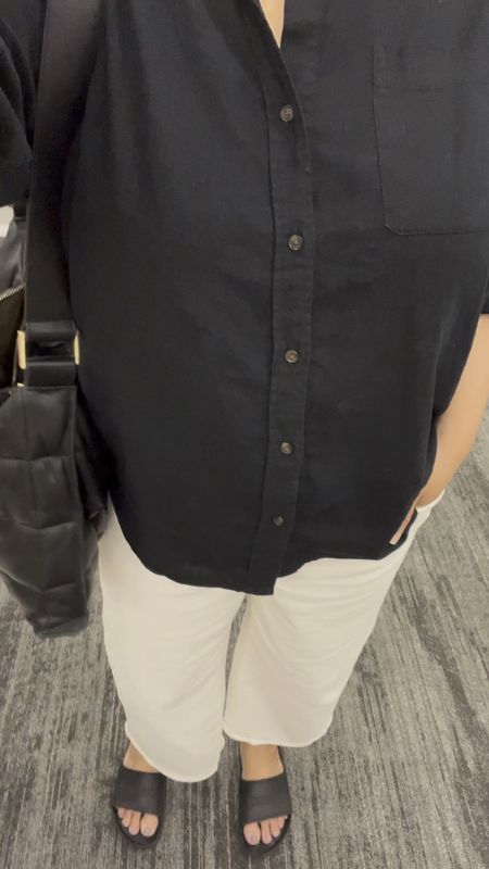 Casual outfit I wore on a Target run. Linen button down, perfect vintage wide leg crops (love the fit of these!), Birkenstock slides. AllSaints bag no longer available.

#LTKFindsUnder100 #LTKMidsize #LTKOver40