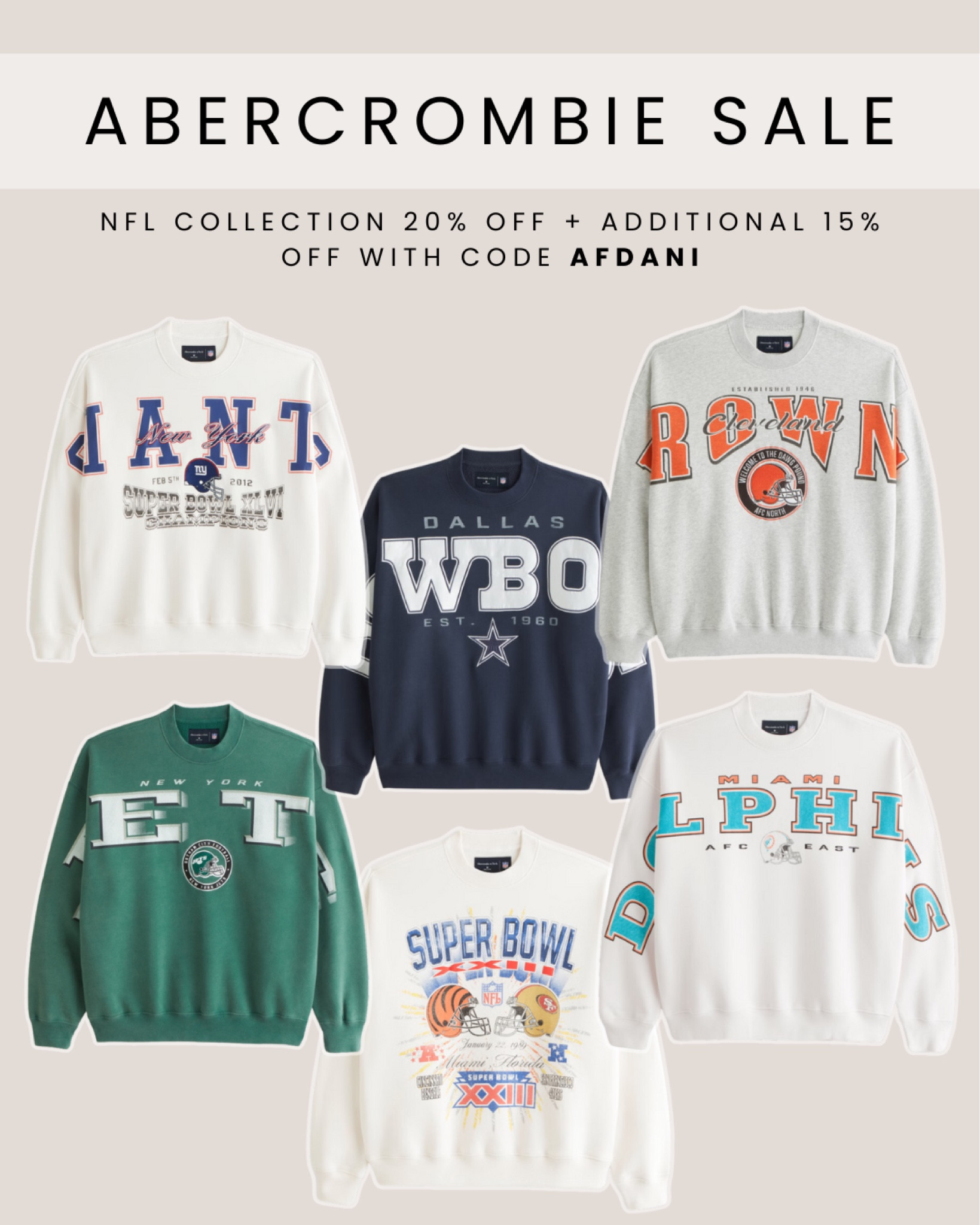 Abercrombie sale! 20% off NFL collection, 15% off almost everything else + an extra 15% off with my code AFDANI 🤗🏈

#LTKFindsUnder50 #LTKFindsUnder100 #LTKSaleAlert