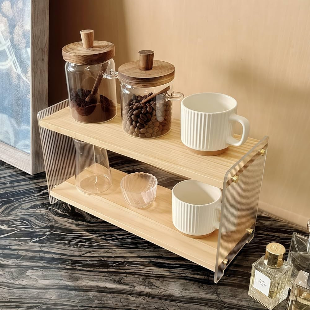 Coffee Station Organizer 2 Tier, Solid Wood Mug Shelf with Non-Slip Clear Rubber Feet for Coffee ... | Amazon (US)