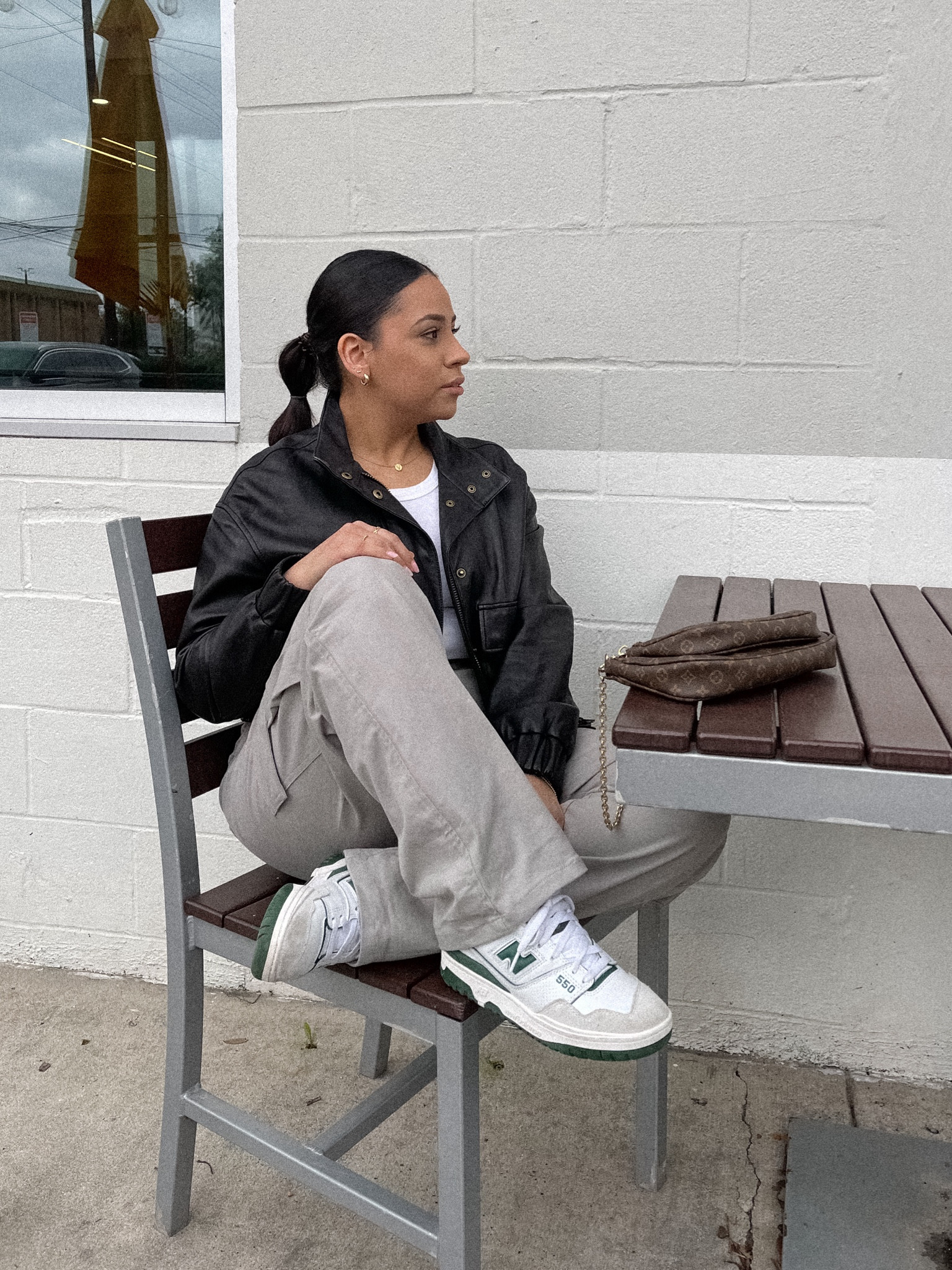 Casual coffee shop outfit idea 
White tee: small
Leather bomber jacket: xs 
Cargo pants: small 
New balance 550 sneakers: 4.5 men 
LV multi pochette metis 

#LTKMostLoved #LTKfindsunder100 #LTKstyletip