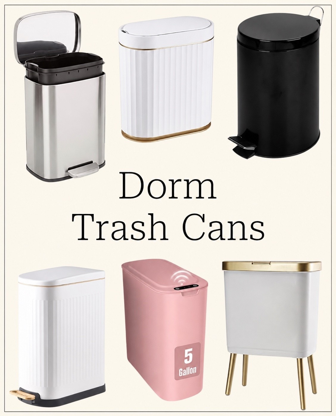 Dorm trash cans that are practical for small spaces and actually work well for college living. Slim step cans, compact bathroom trash cans, sensor trash cans, and lidded options that help keep odors contained and fit easily in dorm rooms, bathrooms, and college apartments. Functional trash cans in neutral colors and modern styles that work well beside desks, under sinks, or tucked into tight dorm spaces.

#LTKU #LTKmomlife #LTKHome