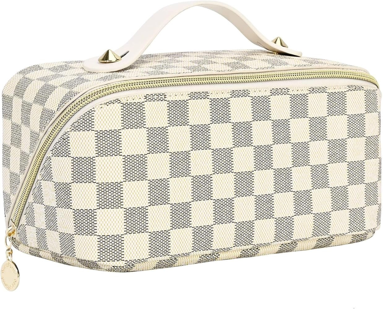 Large Capacity Cosmetic Bag, Retro Checkered Style Travel Makeup Bag Portable Toiletry Bag with H... | Amazon (US)