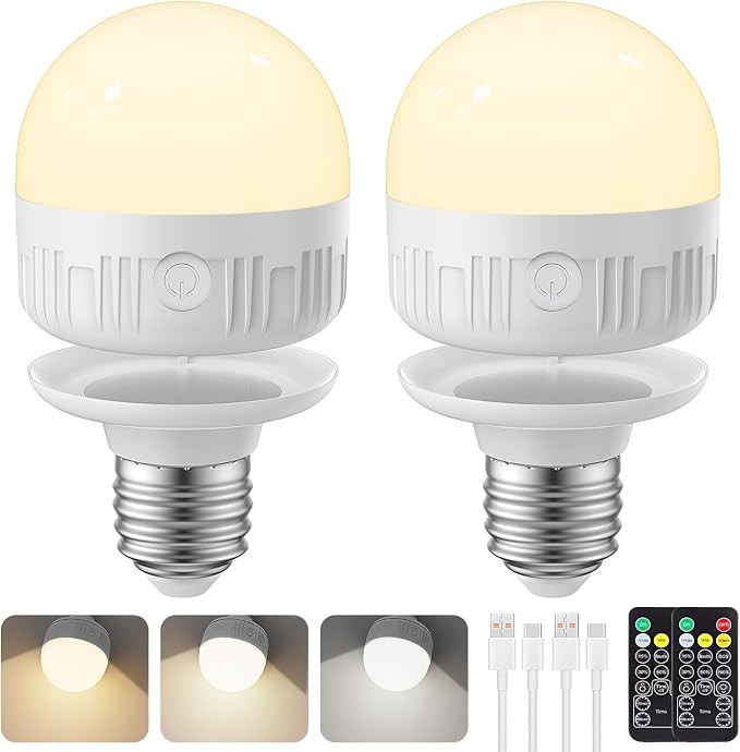 2Packs E26 Rechargeable Light Bulbs with Remote Control, 5W 350lm Magnetically Battery Operated L... | Amazon (US)
