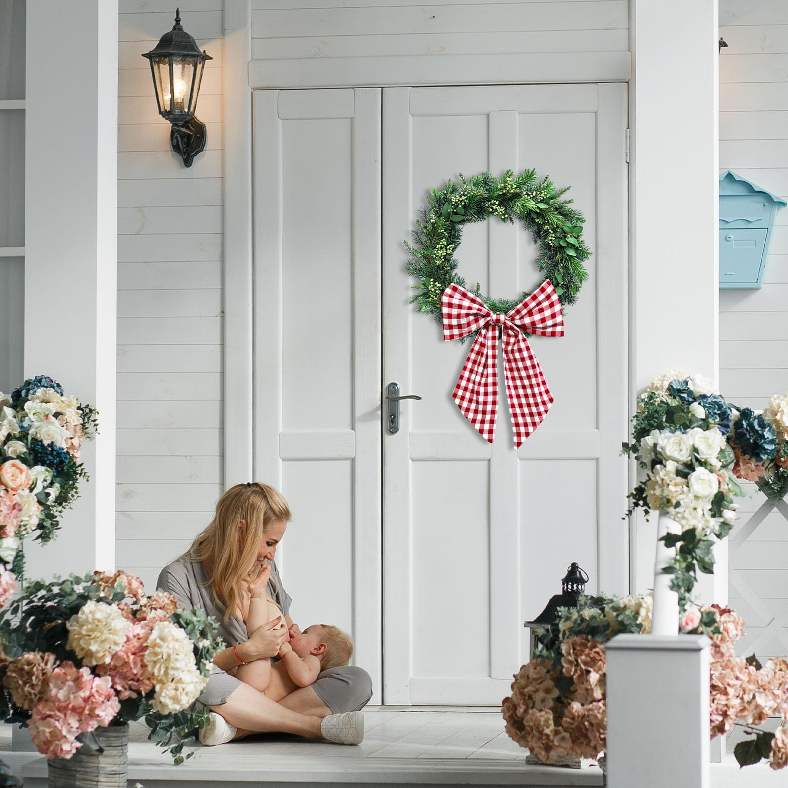 2pcs Wreath Sash for Front Door Red Buffalo Plaid Seersucker Wreath Satin Sash Burlap Garland Rib... | Amazon (US)