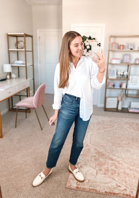White chunky loafers are included in the Target BOGO 50% off sale. 

Sizing: xs top, 25 bottom, go up 1/2 size in shoes

Classic fall outfit. White button down. Straight leg denim. White loafers. Workplace casual look  

#LTKsalealert #LTKworkwear #LTKunder50
