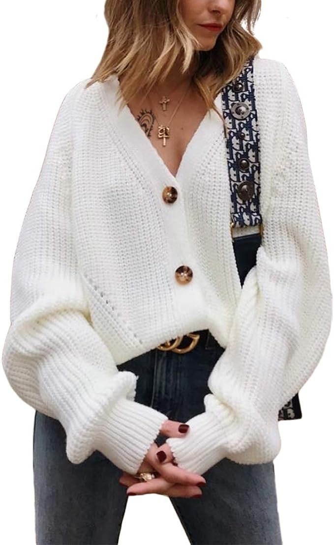 Exlura Women's V Neck Open Front Button Down Cardigan Sweater Short Loose Long Sleeve Knit Sweate... | Amazon (US)