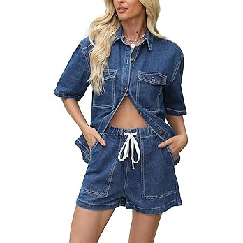 Denim Set for Women 2 Piece Button Down Shirt High Waist Denim Short Set Summer Jean Matching Set... | Amazon (US)