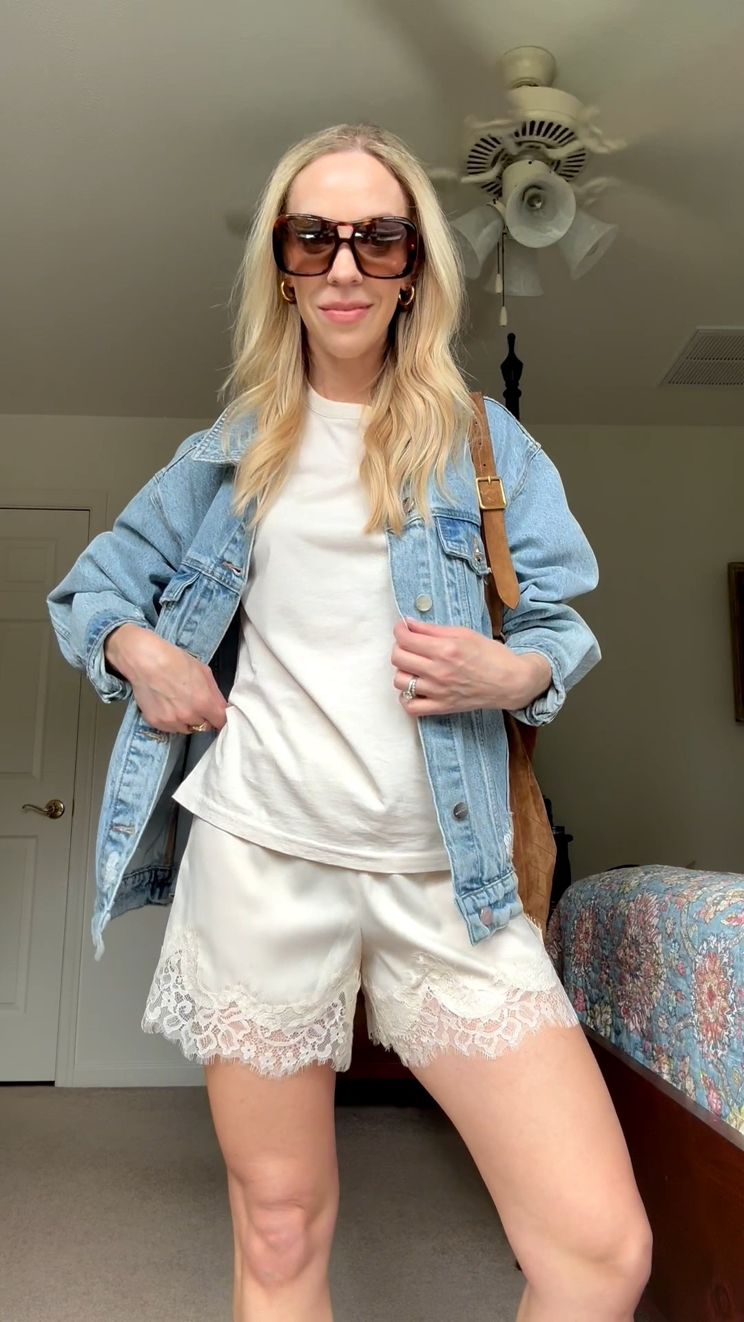 Styling lace shorts with tee, oversized denim jacket and suede thong sandals

#LTKSeasonal #LTKOver40 #LTKgrwm