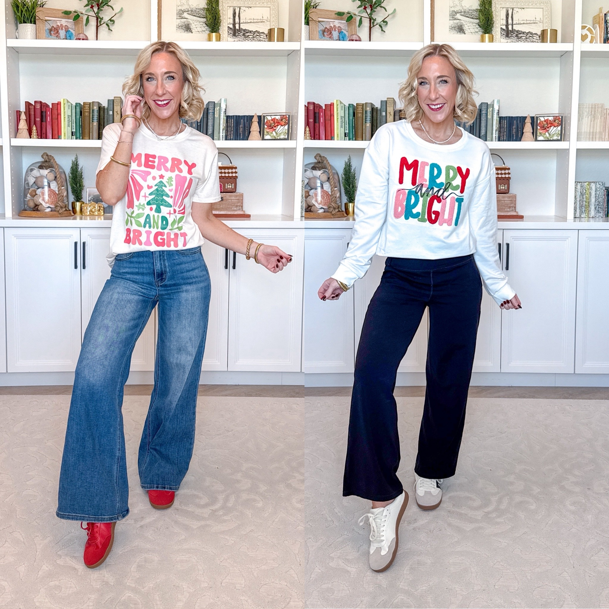 Amazon; holiday graphic tees * ‘Merry & Bright” sweatshirt size medium (tucked it into a belt band). * Wide leg yoga pants size small, short (come in 3 lengths). Use code G4FREE10 for 10% off. • Wide leg jeans - size 25. 

‘Merry and Bright’ Tee - size small. 

 

#LTKSeasonal #LTKHoliday #LTKFindsUnder50