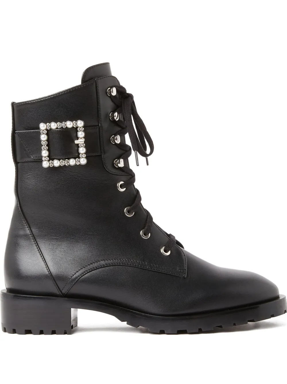 Stuart Weitzman pearl-embellished buckled combat boots - Black | Farfetch Global