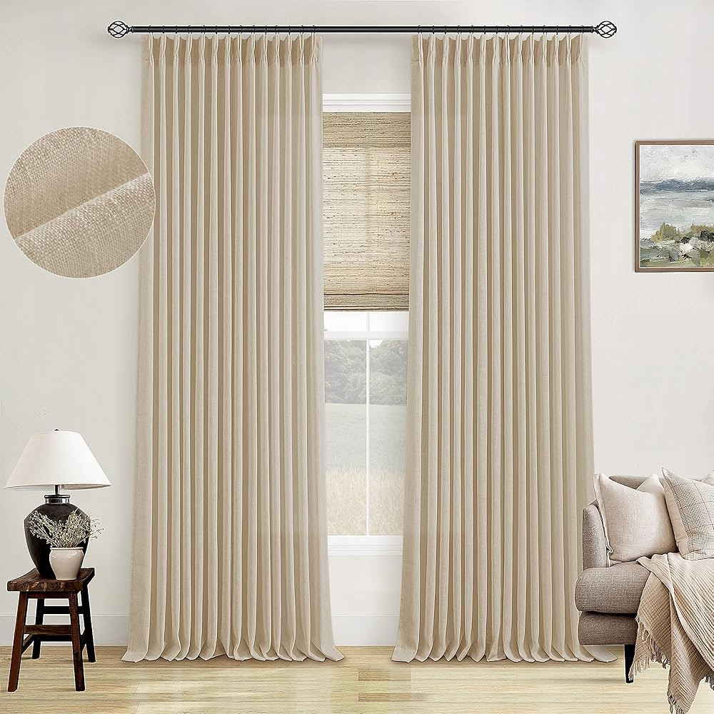 Warm Beige Linen Curtains 102 Inches Long 2 Panels for Living Room Thick Linen Flax Cloth Pinch P... | Amazon (US)