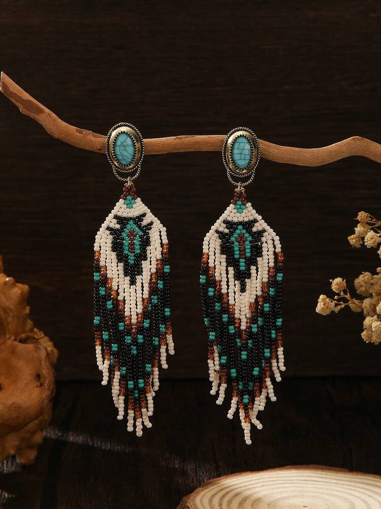 Bohemian Handmade Beaded Fringe Earrings | Turquoise Accent & Pattern | Retro Jewelry For Vacation & Daily Chic | SHEIN