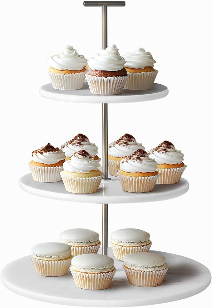Navaris 3 Tier Cake Stand, Round, White - Natural Marble Tiered Tray Cupcake Stand - Afternoon Te... | Amazon (US)