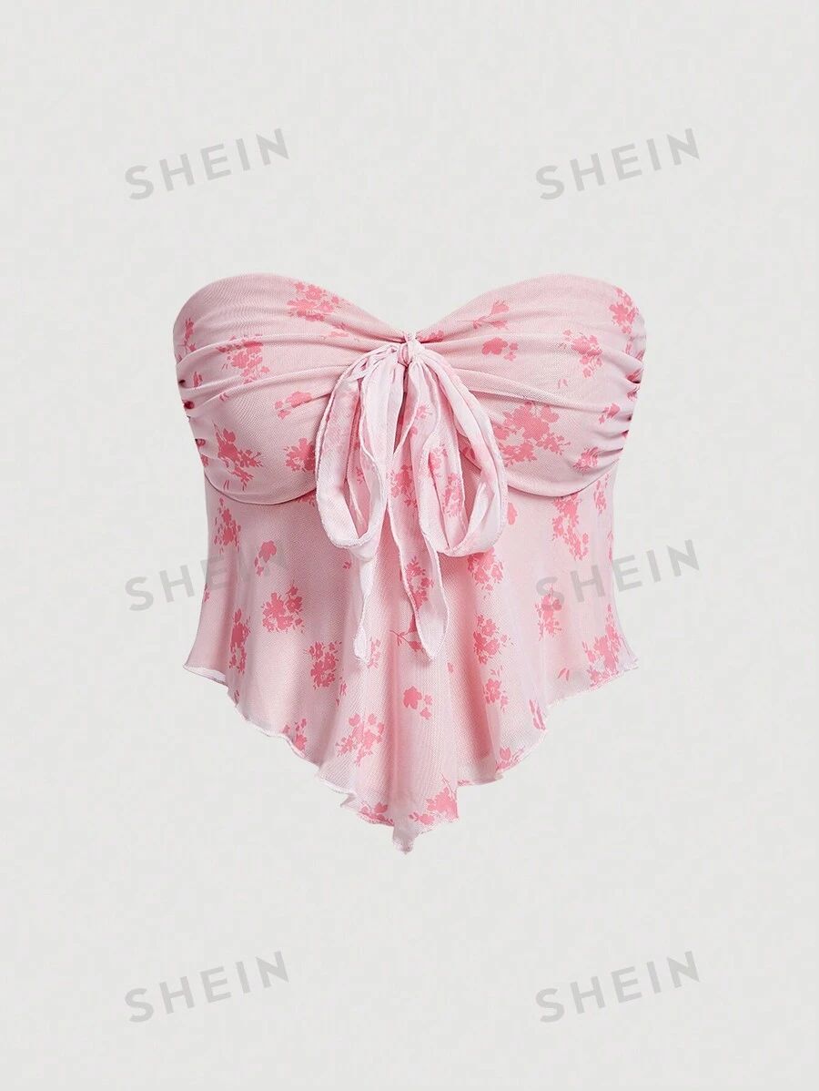SHEIN MOD Women's Floral Print Chest Pleated Knotted Front Bandeau Top | SHEIN
